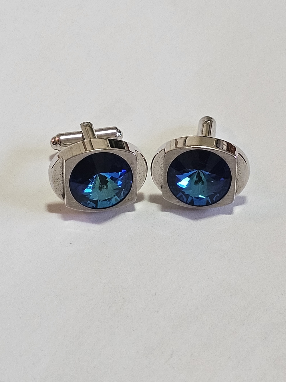 Swarovski Silver Cufflinks with Deep Blue Crystal Centers
